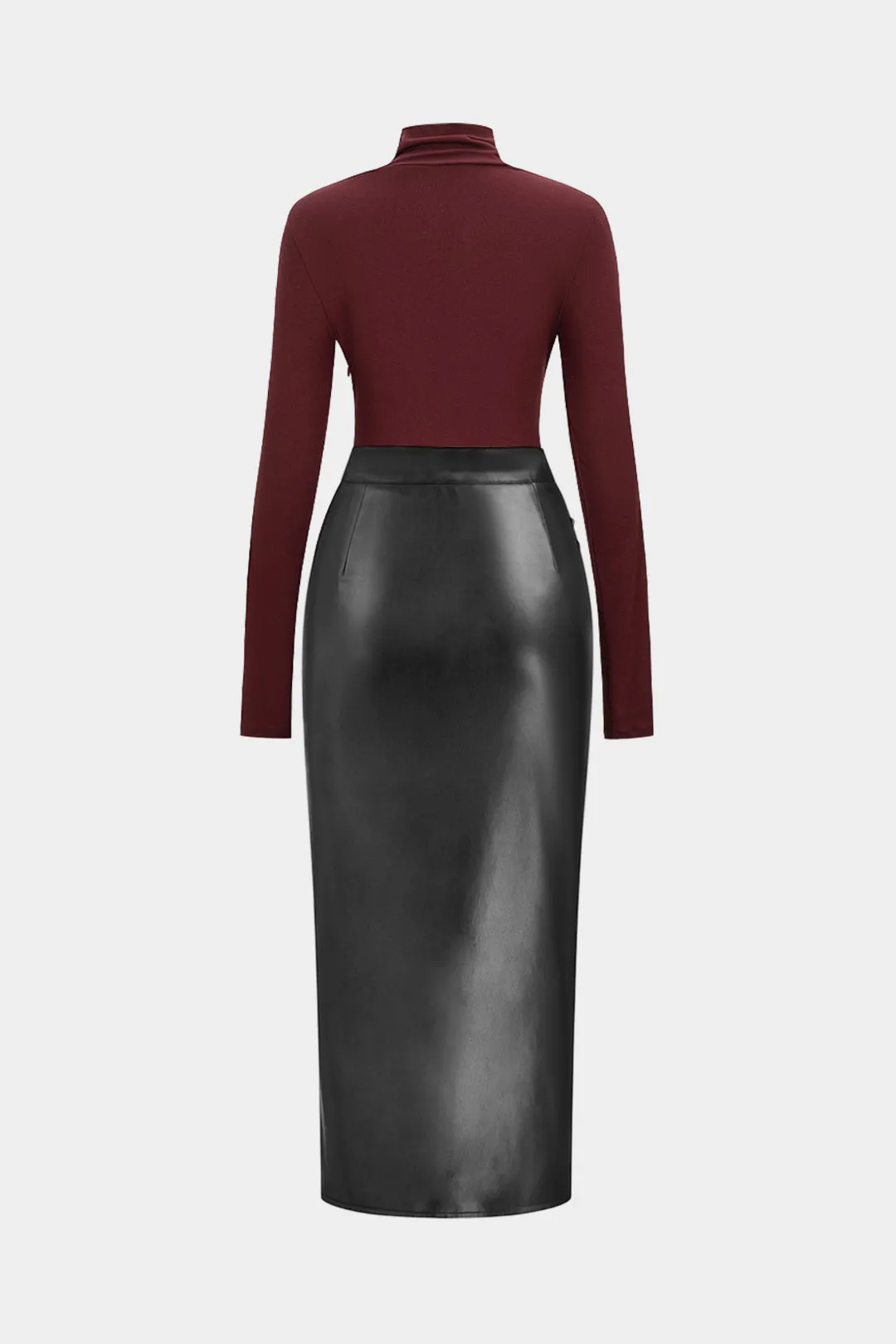 Faux Leather Patchwork Mock Neck Ruched Long Sleeve Midi Dress sold by Micas product image thumbnail 2