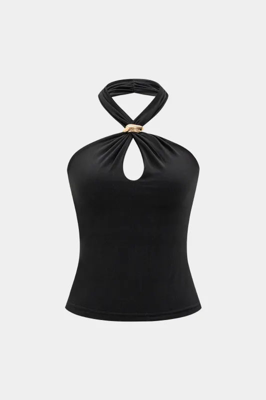 Metallic Decor Halter Neck Cut Out Cami Top sold by Micas