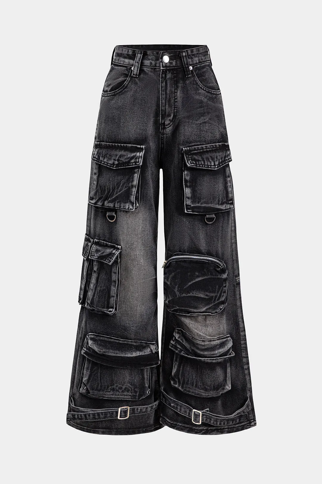Denim Button Pocket Zipper Wide Leg Jeans sold by Micas