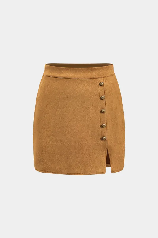 Suede Metallic Button High Slit Skirt sold by Micas