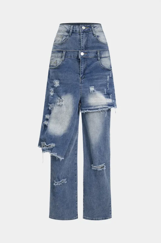 Denim Double Waistband Asymmetrical Ripped Straight Leg Jeans sold by Micas