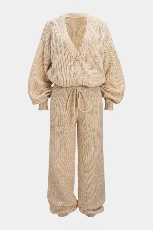 Button V-Neck Sweater Cardigan And Tie-Up Lantern Pants Set sold by Micas