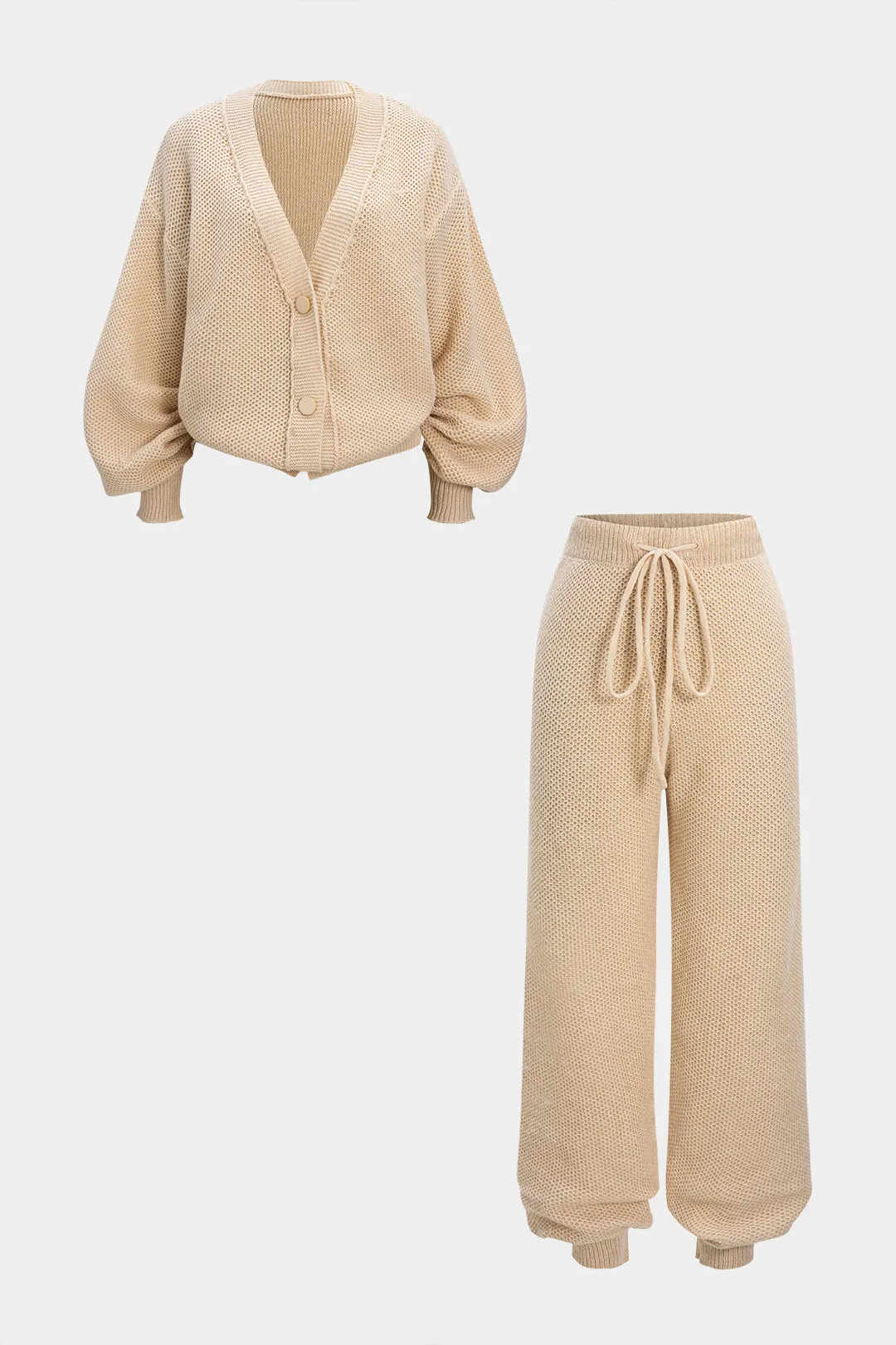 Button V-Neck Sweater Cardigan And Tie-Up Lantern Pants Set sold by Micas product image thumbnail 2