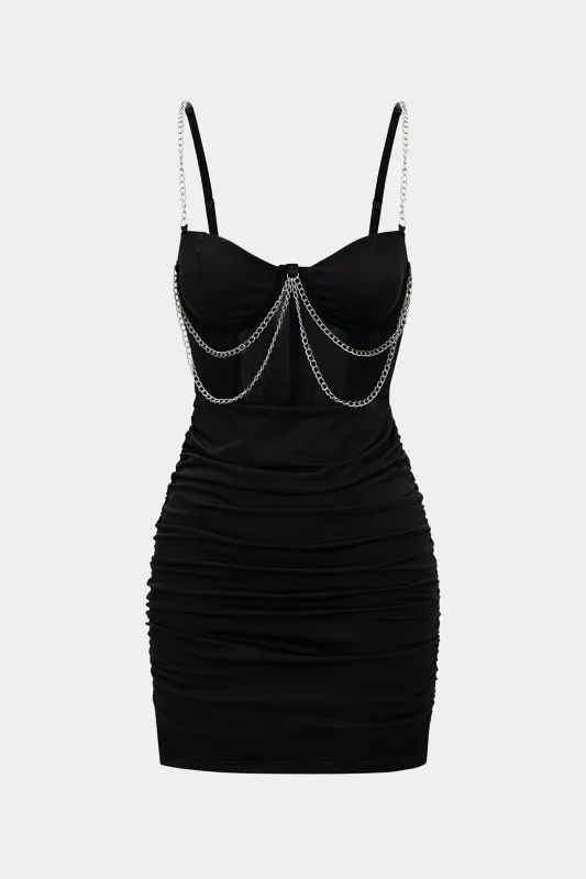 Mesh Ruched Metallic Chain Sleeveless Mini Dress sold by Micas