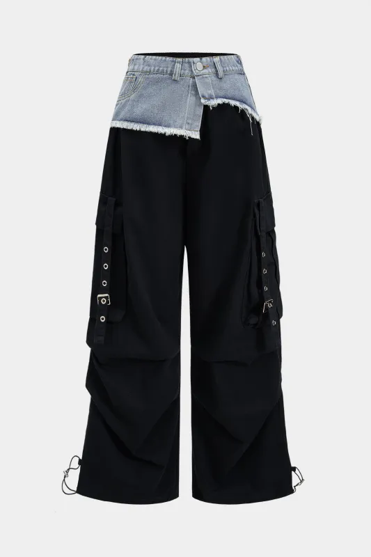 Denim Patchwork Ring Pocket Asymmetrical Washed Jeans sold by Micas