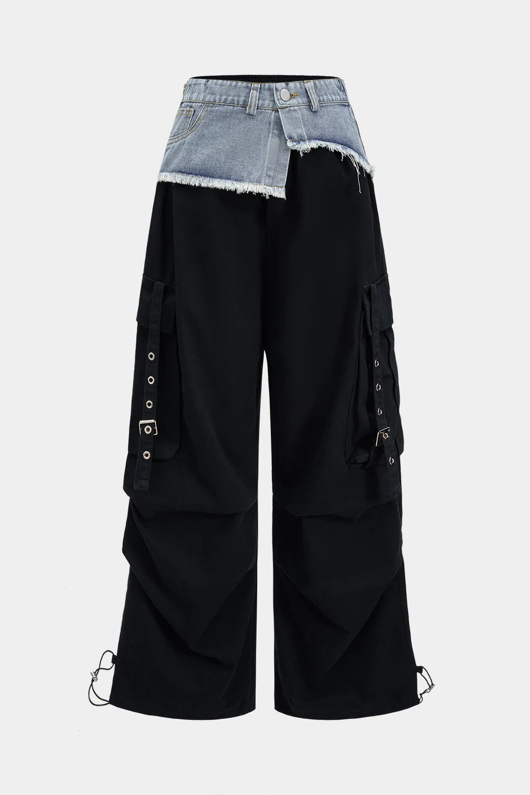 Denim Patchwork Ring Pocket Asymmetrical Washed Jeans sold by Micas