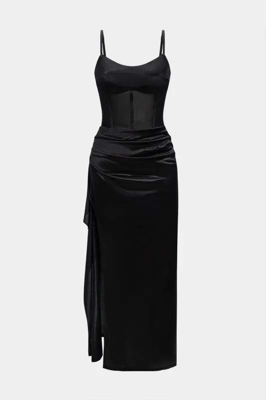 Satin Patchwork Slip Corset Waist Sleeveless Maxi Dress sold by Micas