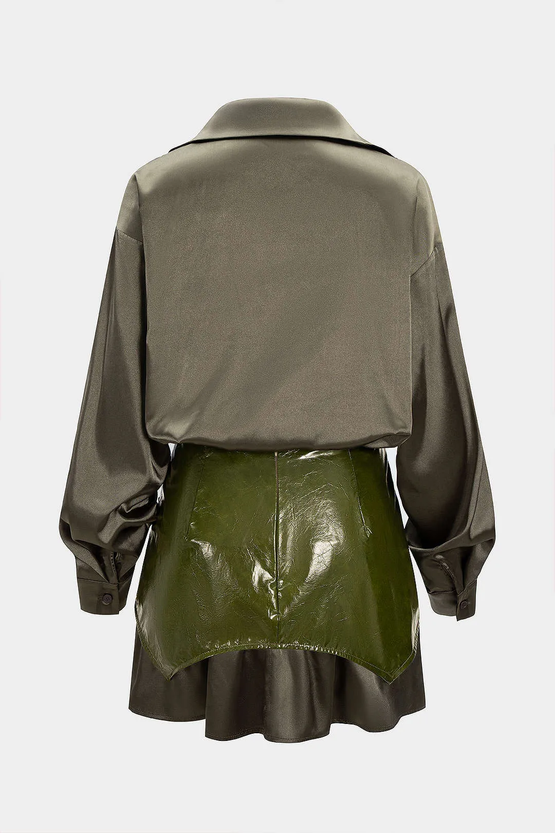 Basic Satin Long-Sleeve Top And Faux Leather Patchwork Mini Skirt Set sold by Micas product image thumbnail 2