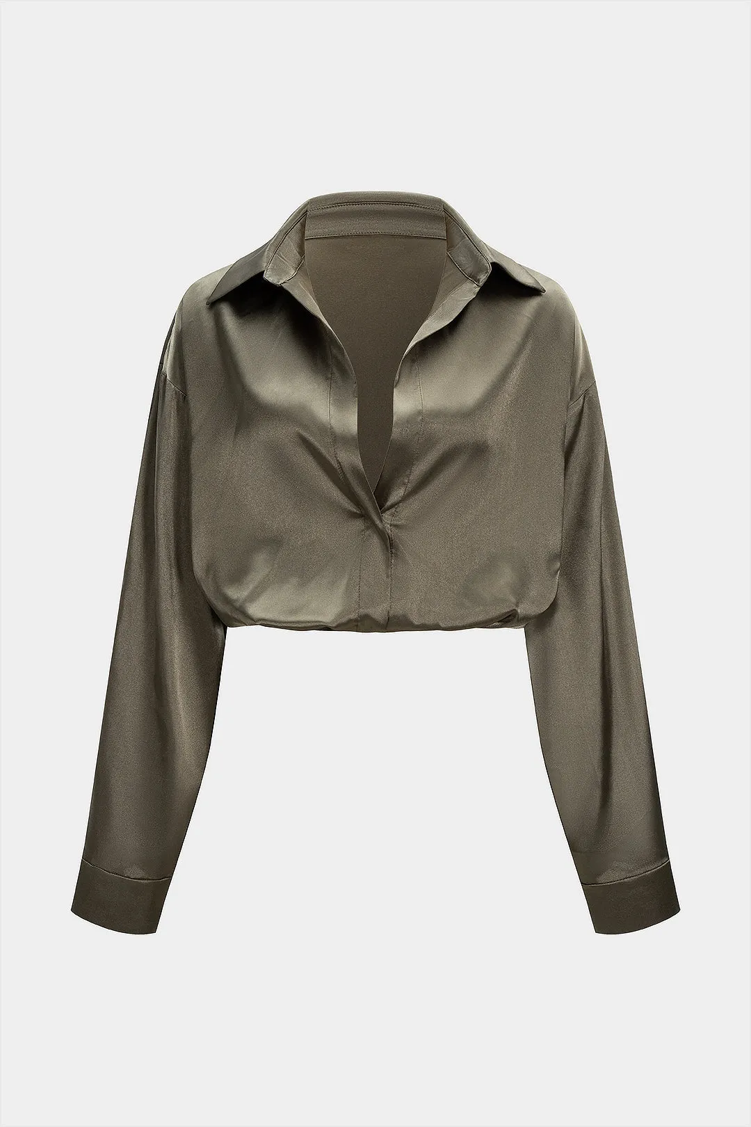 Basic Satin Long-Sleeve Top And Faux Leather Patchwork Mini Skirt Set sold by Micas product image thumbnail 3