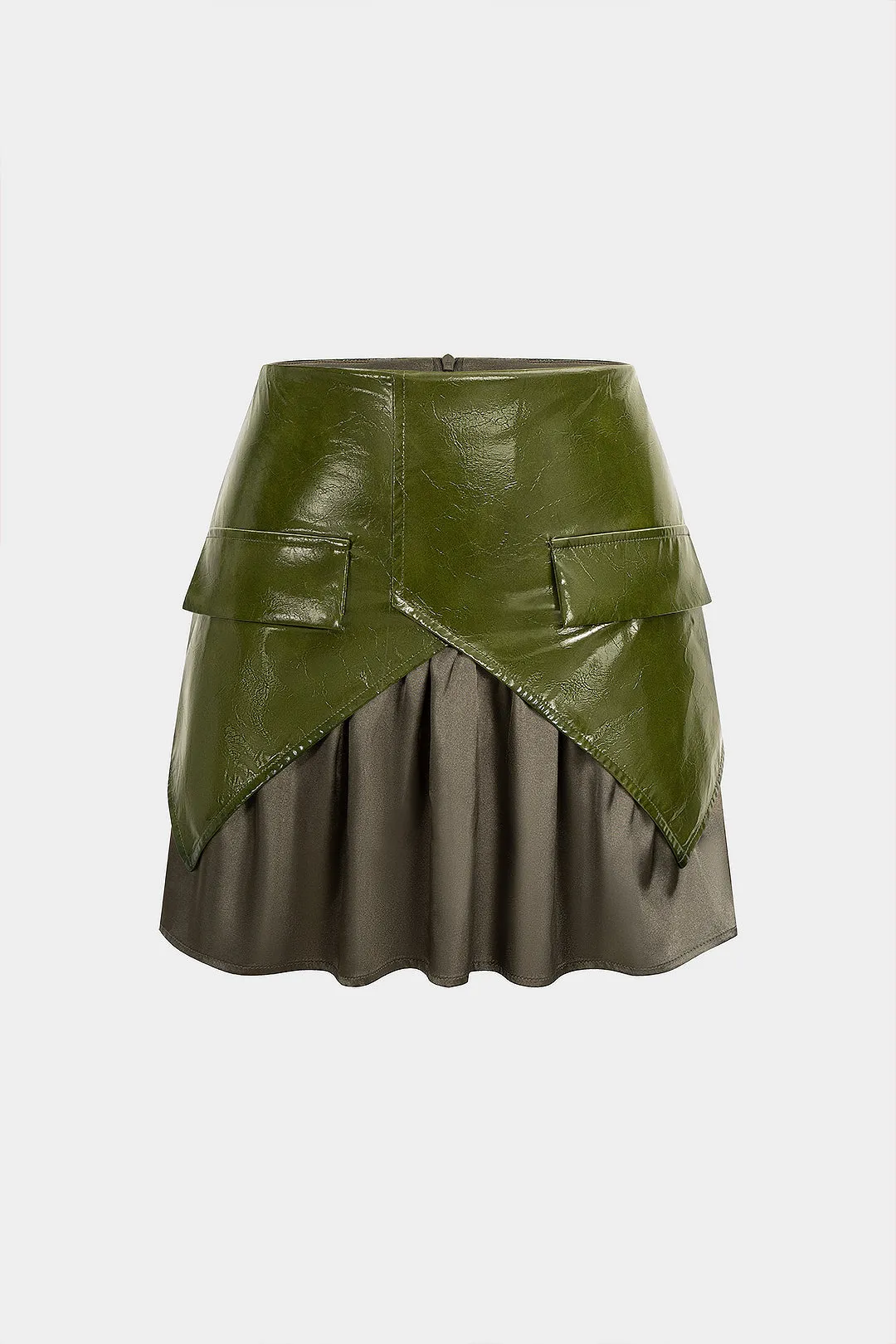 Basic Satin Long-Sleeve Top And Faux Leather Patchwork Mini Skirt Set sold by Micas product image thumbnail 4