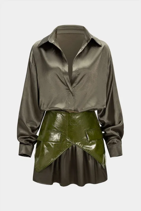 Basic Satin Long-Sleeve Top And Faux Leather Patchwork Mini Skirt Set sold by Micas