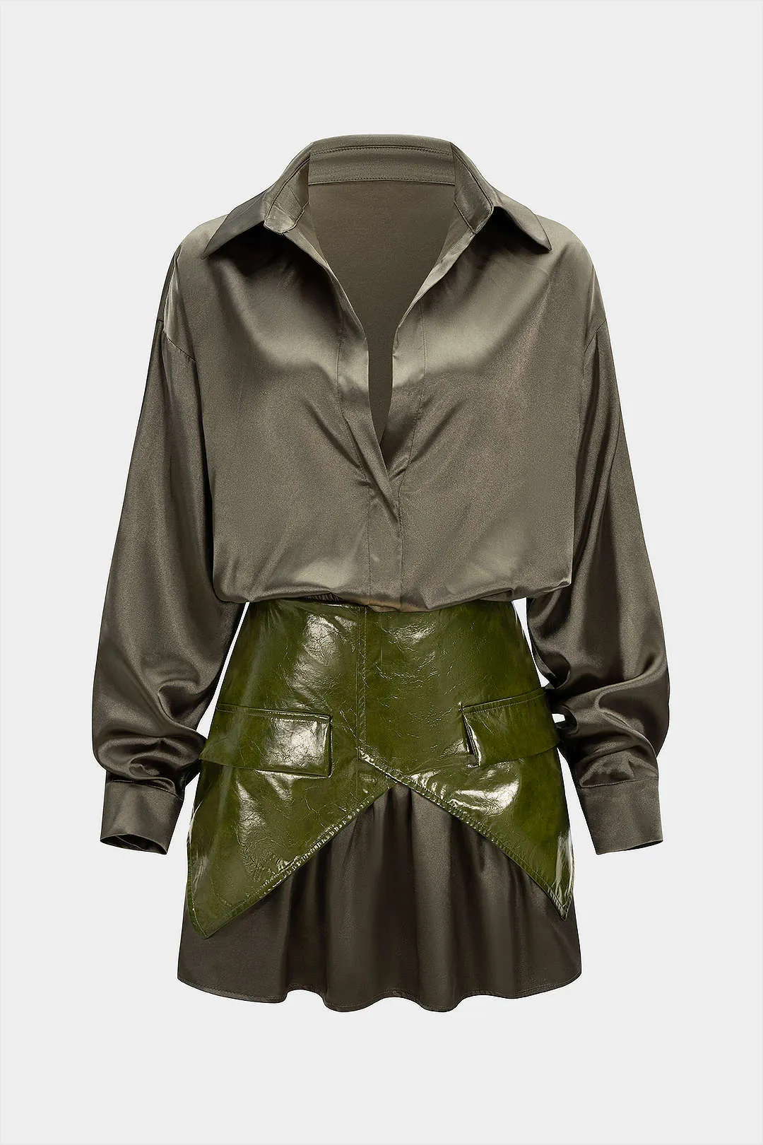 Basic Satin Long-Sleeve Top And Faux Leather Patchwork Mini Skirt Set sold by Micas