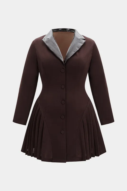 Plus Size Faux Leather Patchwork Notched Lapel Pleated Long Sleeve Mini Dress sold by Micas