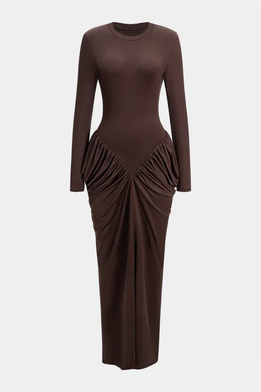 Ruched Round Neck Long Sleeve Maxi Dress sold by Micas