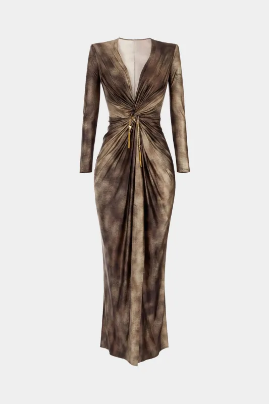 Snake Skin Print Mesh Ruched Fringe Trim V-Neck Long Sleeve Maxi Dress sold by Micas