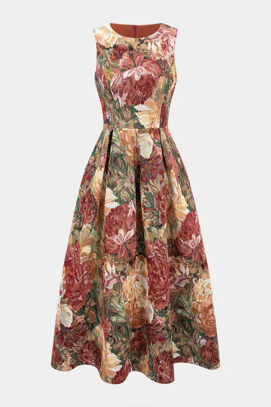 Floral Print Jacquard Round Neck Zipper Sleeveless Maxi Dress sold by Micas