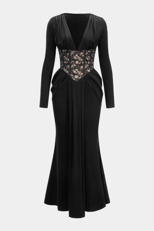 Lace Trim Patchwork Ruched V-Neck Long Sleeve Maxi Dress sold by Micas