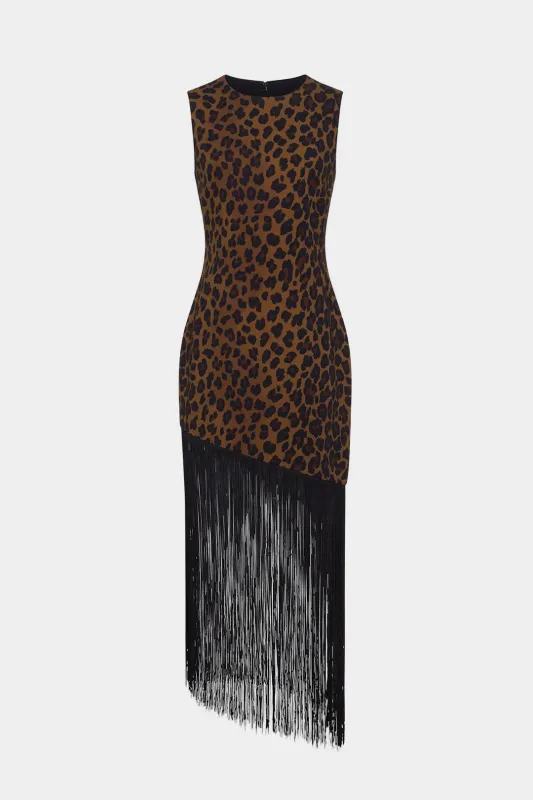 Leopard Print Suede Round Neck Fringe Asymmetrical Maxi Dress sold by Micas