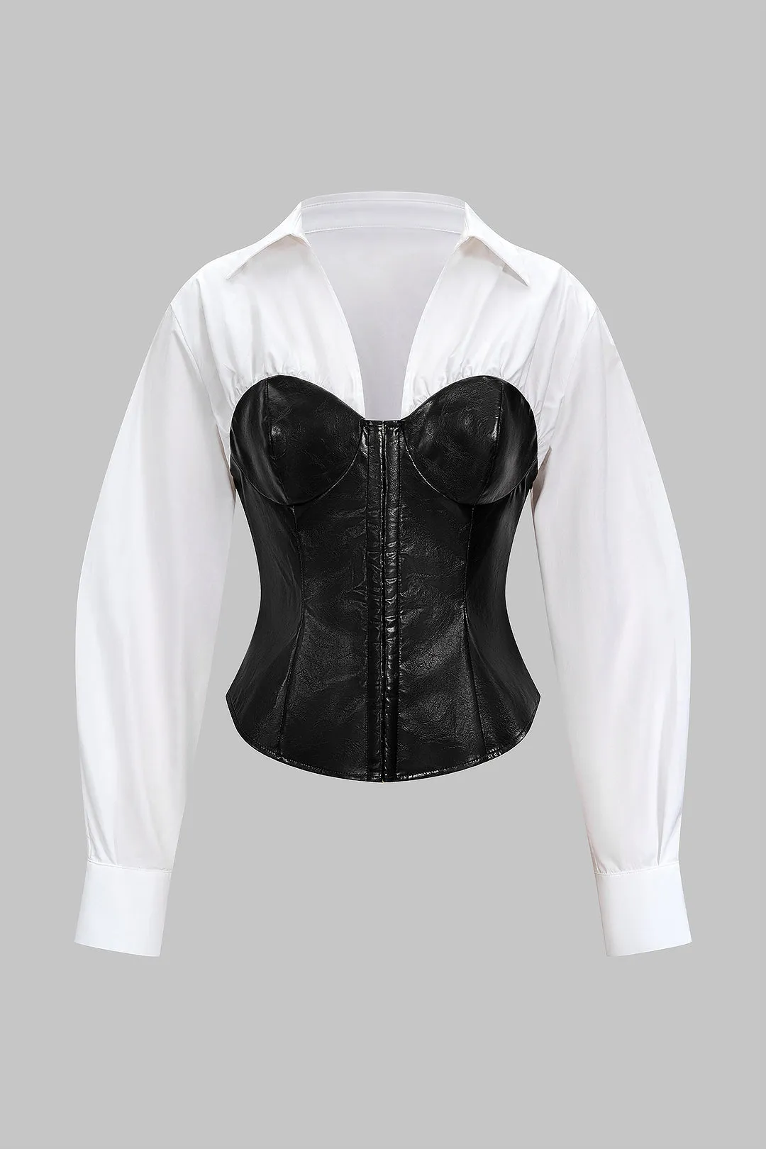 Faux Leather Patchwork Hook And Eye Waist-Cinching Long-Sleeve Shirt sold by Micas product image thumbnail 4