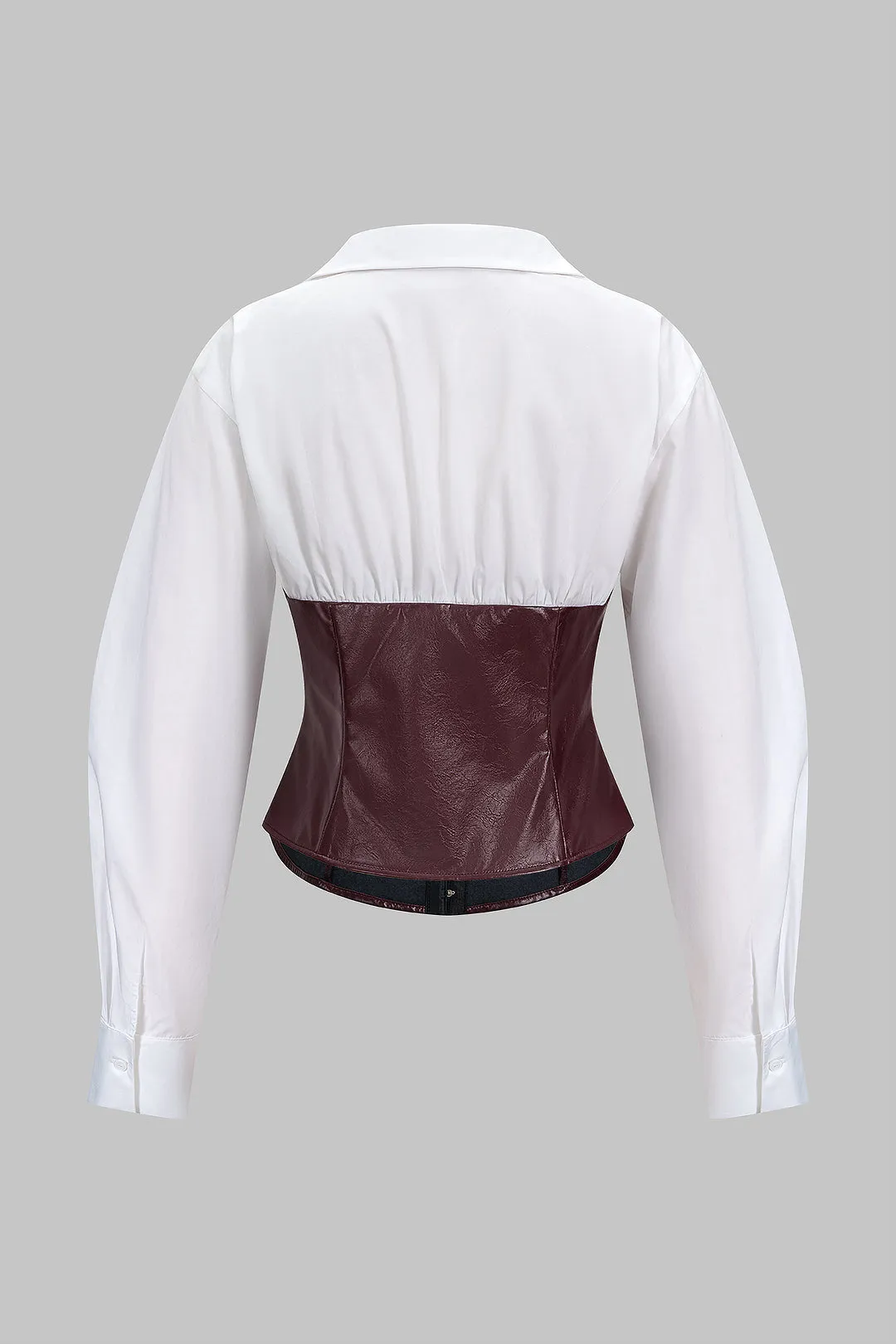 Faux Leather Patchwork Hook And Eye Waist-Cinching Long-Sleeve Shirt sold by Micas product image thumbnail 2