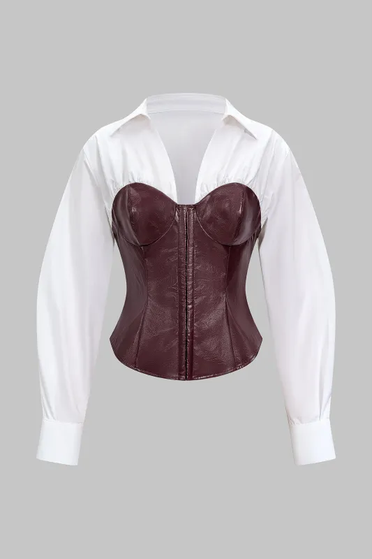 Faux Leather Patchwork Hook And Eye Waist-Cinching Long-Sleeve Shirt made by Micas
