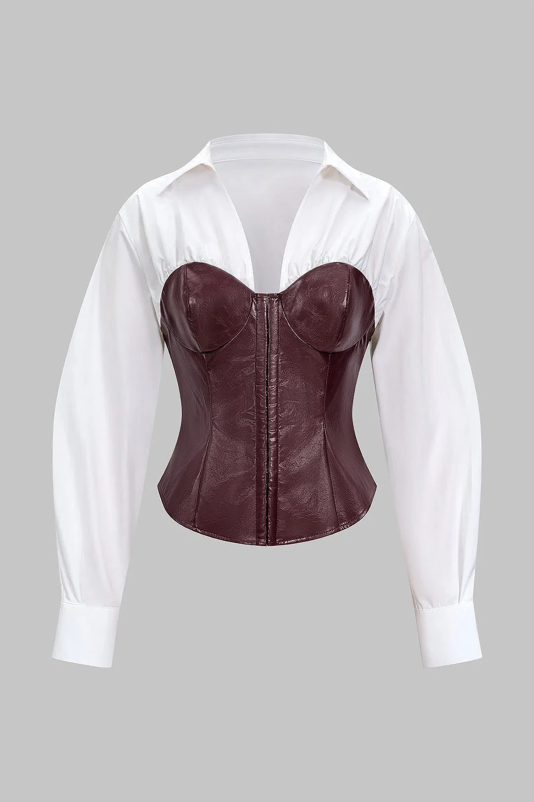 Faux Leather Patchwork Hook And Eye Waist-Cinching Long-Sleeve Shirt sold by Micas