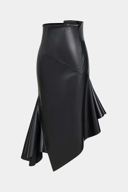 Faux Leather Ruffle Ruched Asymmetrical Skirt sold by Micas