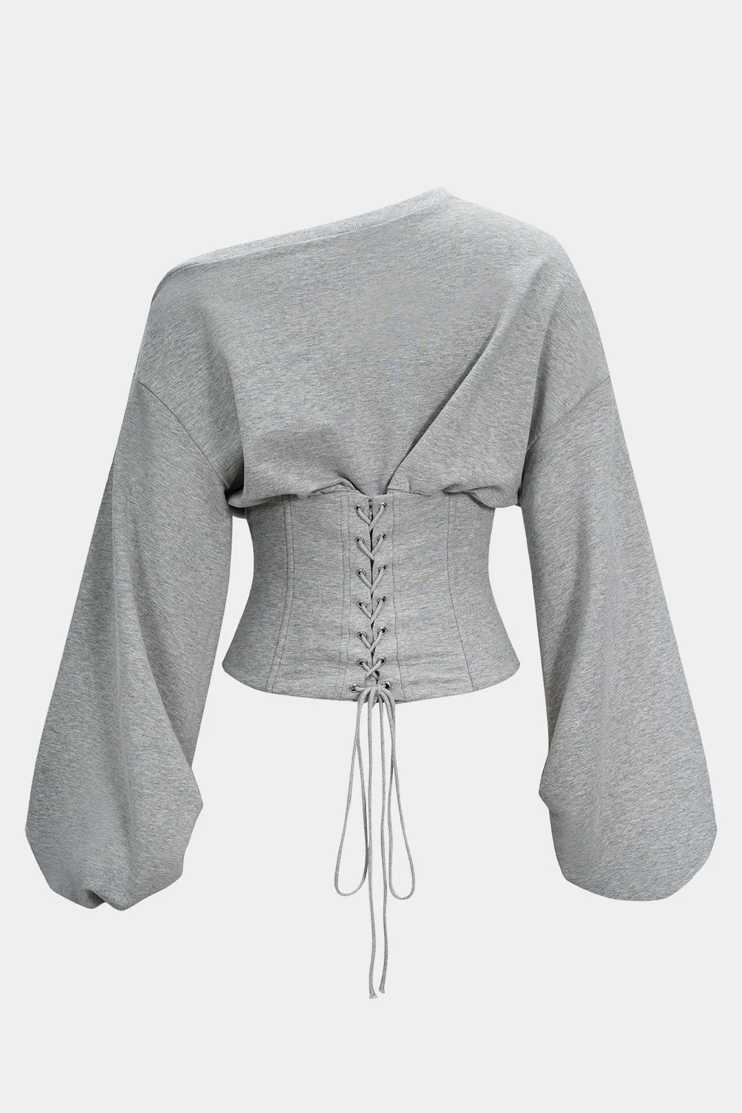 Tie-Back Asymmetrical Shoulder Corset Waist Sweatshirt sold by Micas product image thumbnail 2