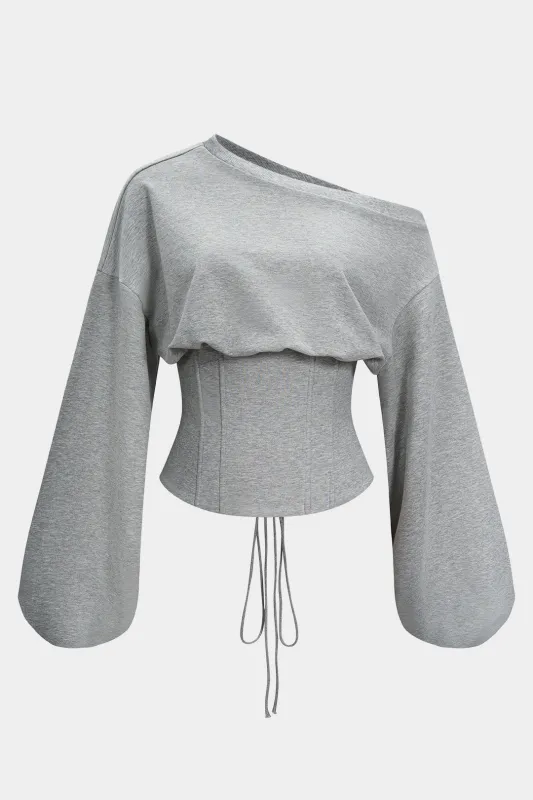 Tie-Back Asymmetrical Shoulder Corset Waist Sweatshirt sold by Micas