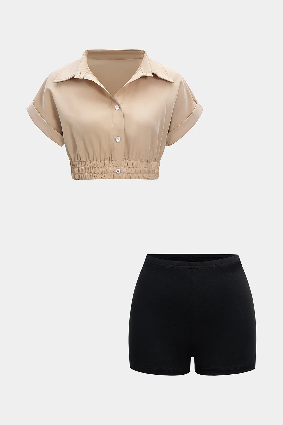 Button Shirred Short-Sleeve Top And Shorts Set sold by Micas