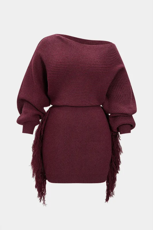 Plus Size Knit Fringe One Shoulder Long Sleeve Dress sold by Micas