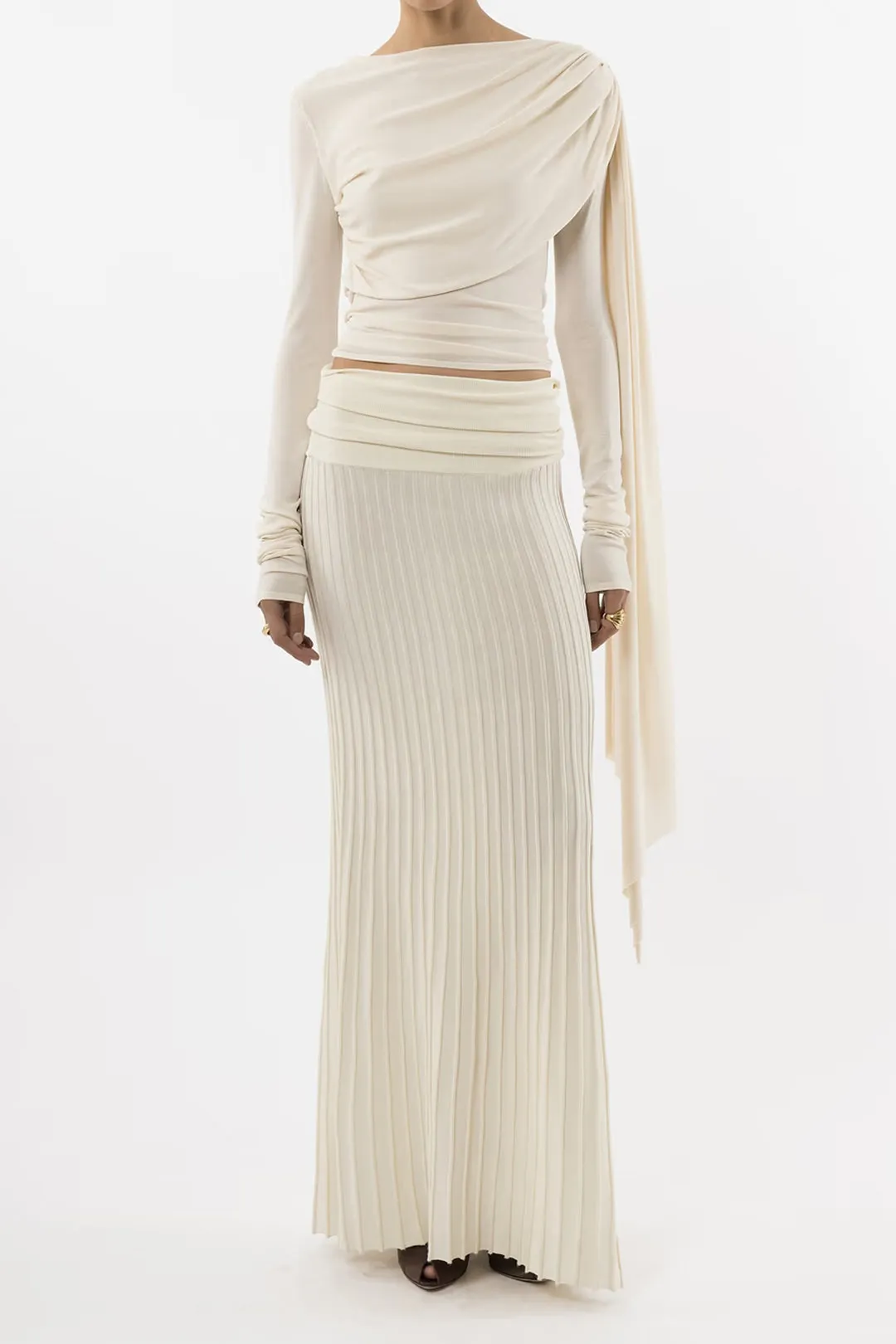 Knit Ruched Strappy Long-Sleeve Top And Skirt Set sold by Micas