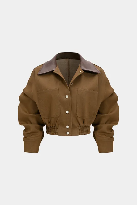 Denim Patchwork Shirred Jacket sold by Micas