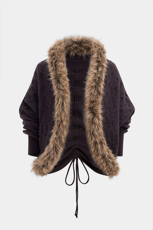 Fur Patchwork Drawstring Sweater Cardigan sold by Micas