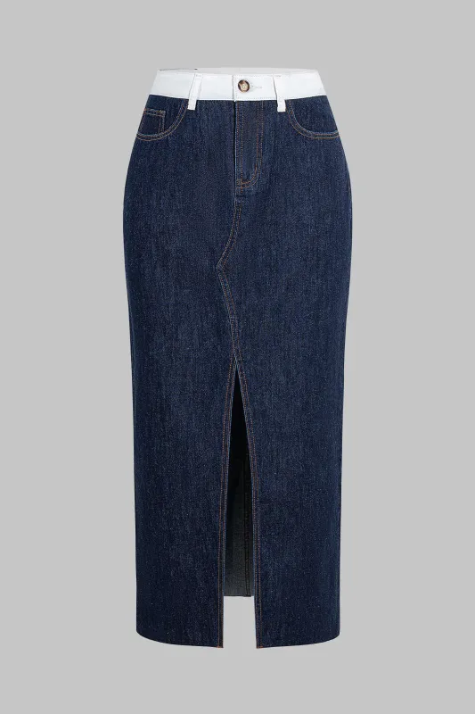 Denim Patchwork Split Skirt sold by Micas