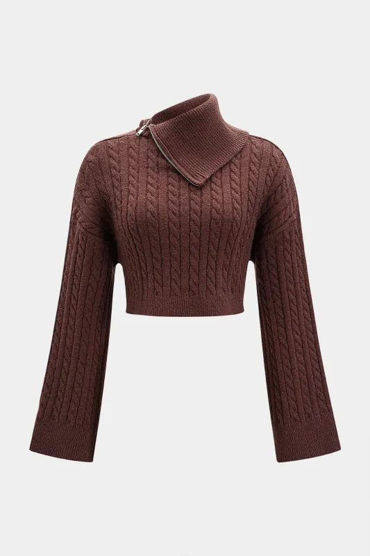 Cable Knit Turtleneck Zipper Asymmetrical Long-Sleeve Top sold by Micas