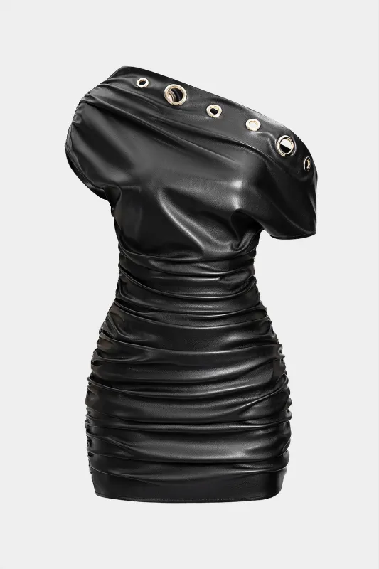 Faux Leather Metallic Eyelet Ruched One Shoulder Mini Dress sold by Micas