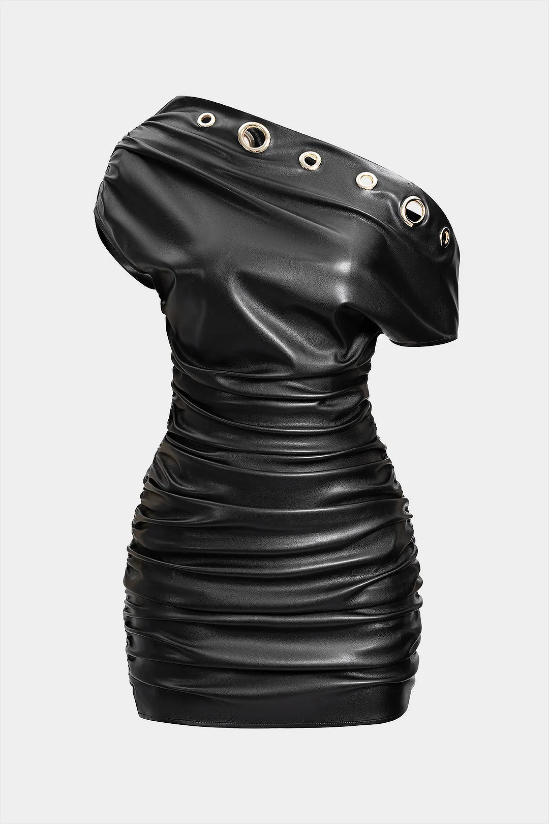 Faux Leather Metallic Eyelet Ruched One Shoulder Mini Dress sold by Micas