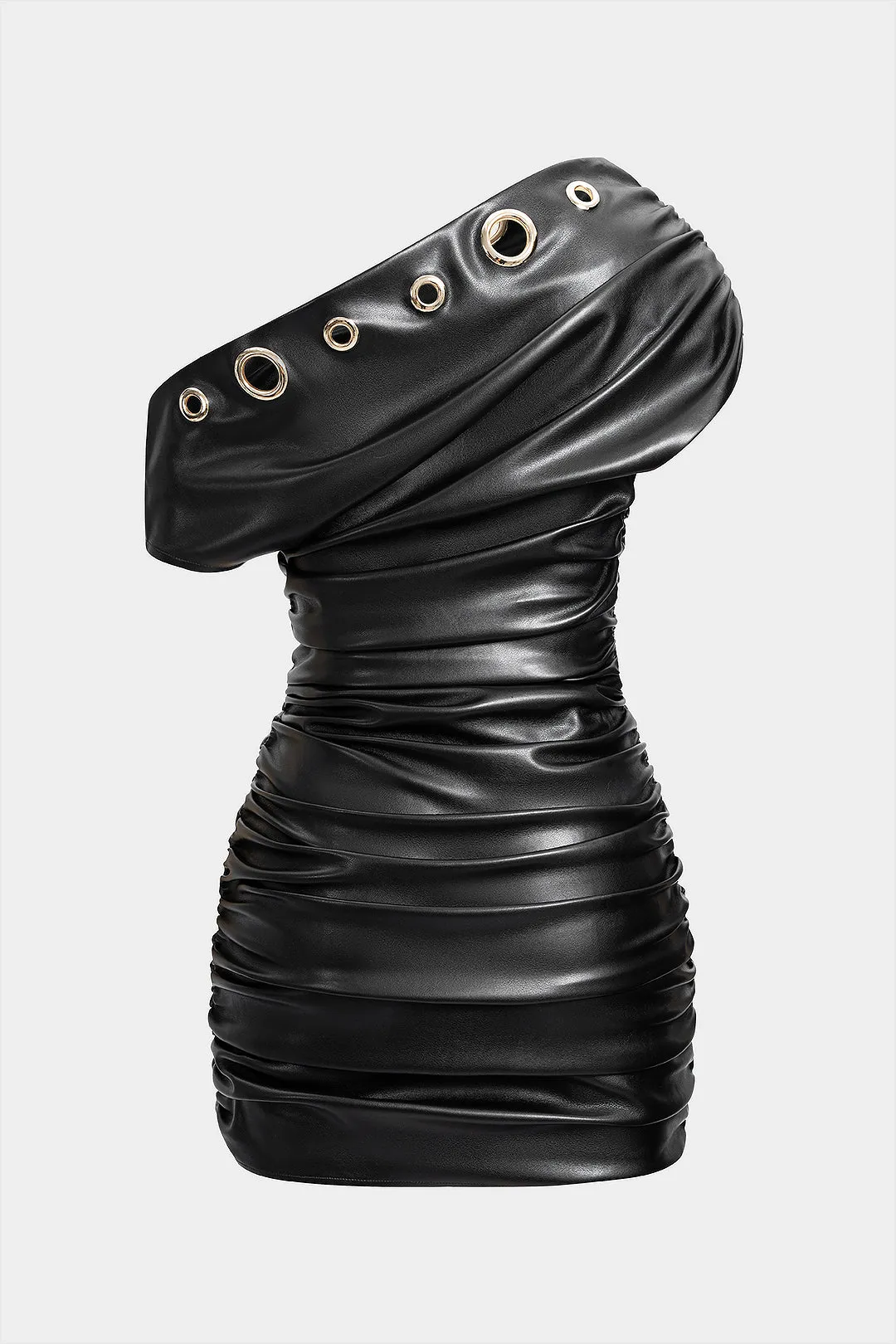 Faux Leather Metallic Eyelet Ruched One Shoulder Mini Dress sold by Micas product image thumbnail 2