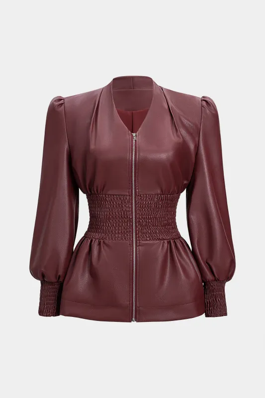 Faux Leather Smocked Zipper Jacket sold by Micas