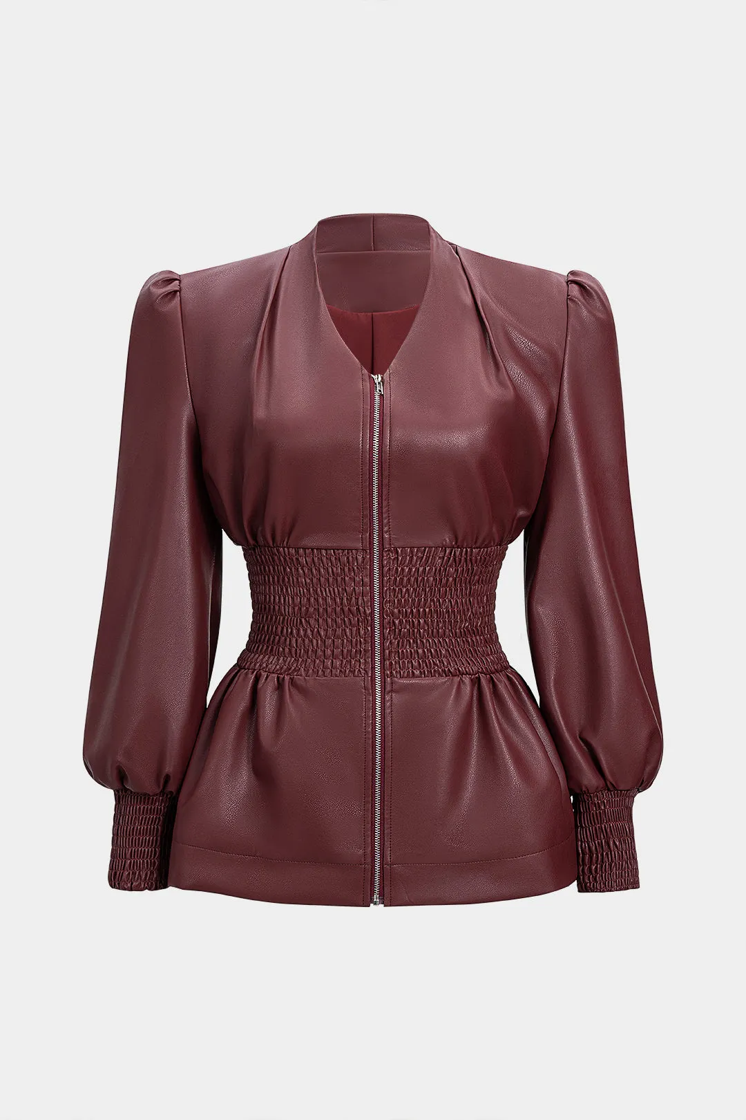 Faux Leather Smocked Zipper Jacket sold by Micas