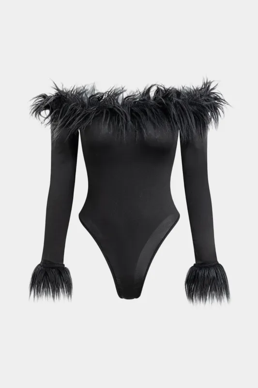 Fur Patchwork Off Shoulder Long Sleeve Bodysuit sold by Micas