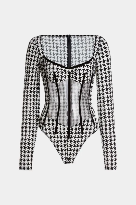 Houndstooth Print Long Sleeve Bodysuit sold by Micas