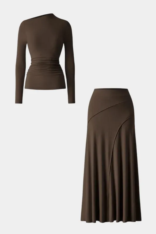 Asymmetrical Neck Long-Sleeve Top And Stitching Detail Skirt Set sold by Micas