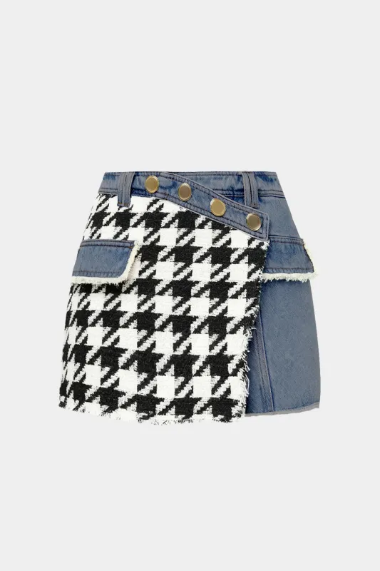 Denim Houndstooth Print Frayed Skirt made by Micas
