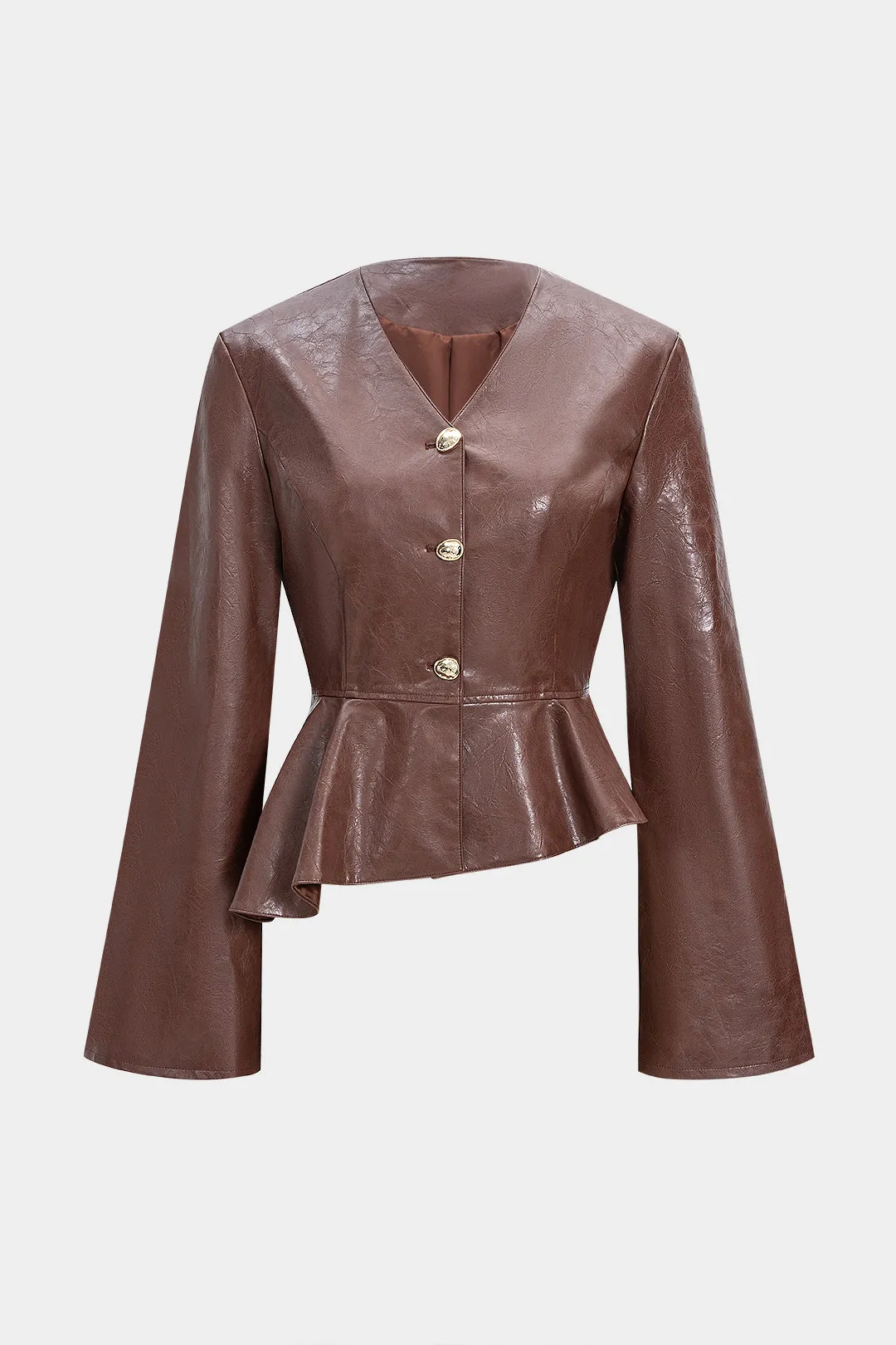 Faux Leather Asymmetrical Irregular Hem Bell Sleeve Jacket sold by Micas