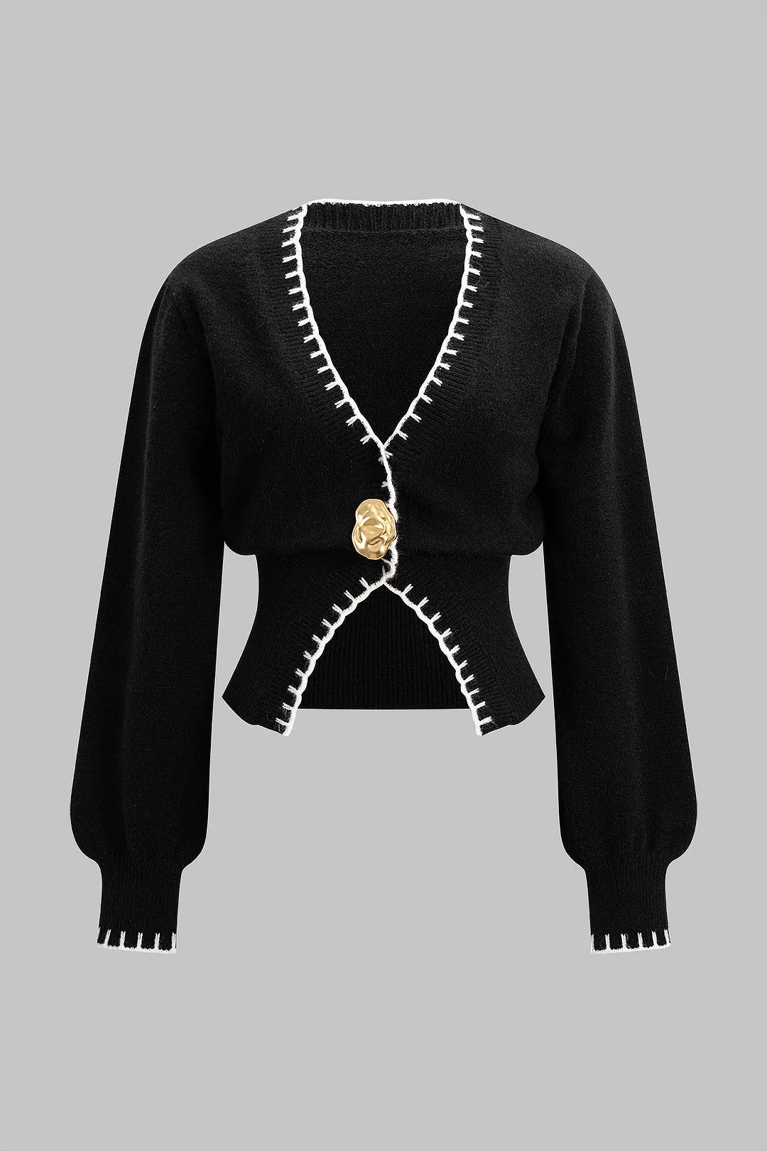 Knit Metallic Contrast Binding V-Neck Cardigan sold by Micas