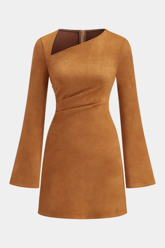 Suede Asymmetrical Zipper Long Sleeve Mini Dress sold by Micas