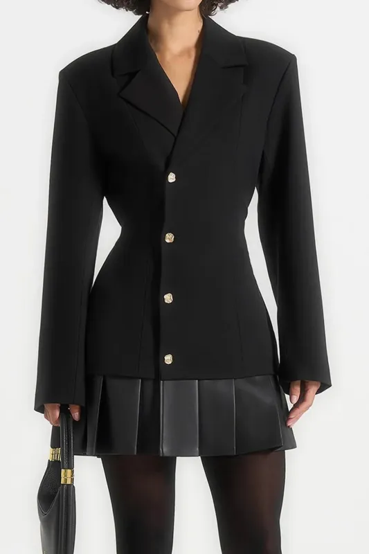 Faux Leather Patchwork Button Pleated Notched Lapel Long Sleeve Mini Dress sold by Micas