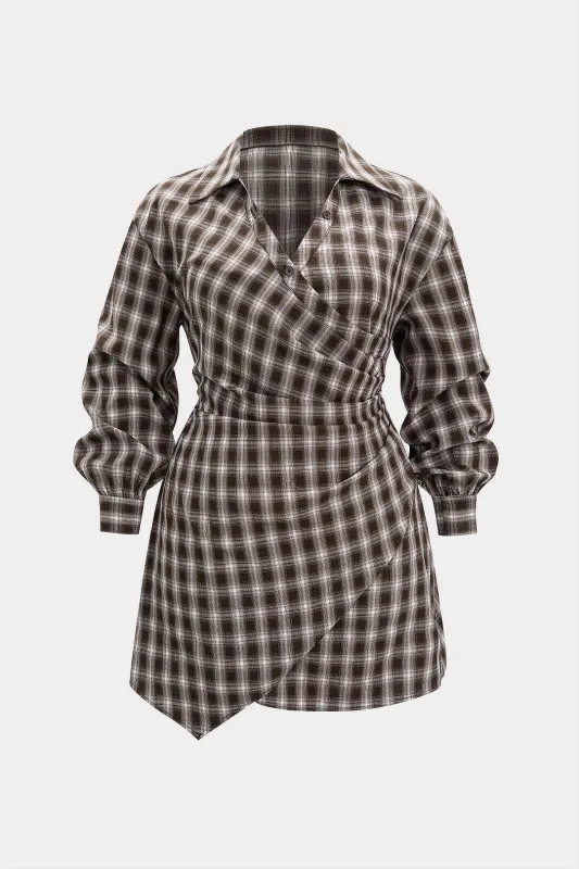 Plus Size Plaid Print Ruched V-Neck Long Sleeve Mini Dress sold by Micas